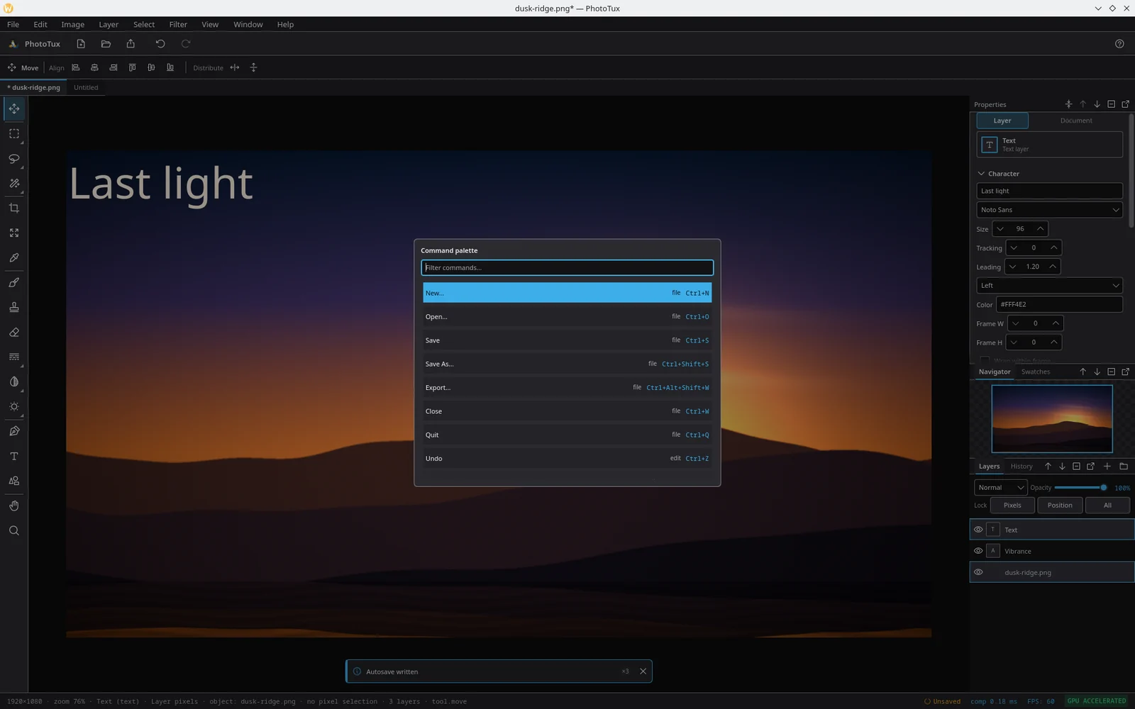 The command palette open over a dimmed canvas, listing New, Open, Save, Save As, Export, Close, Quit and Undo with their menus and shortcuts.