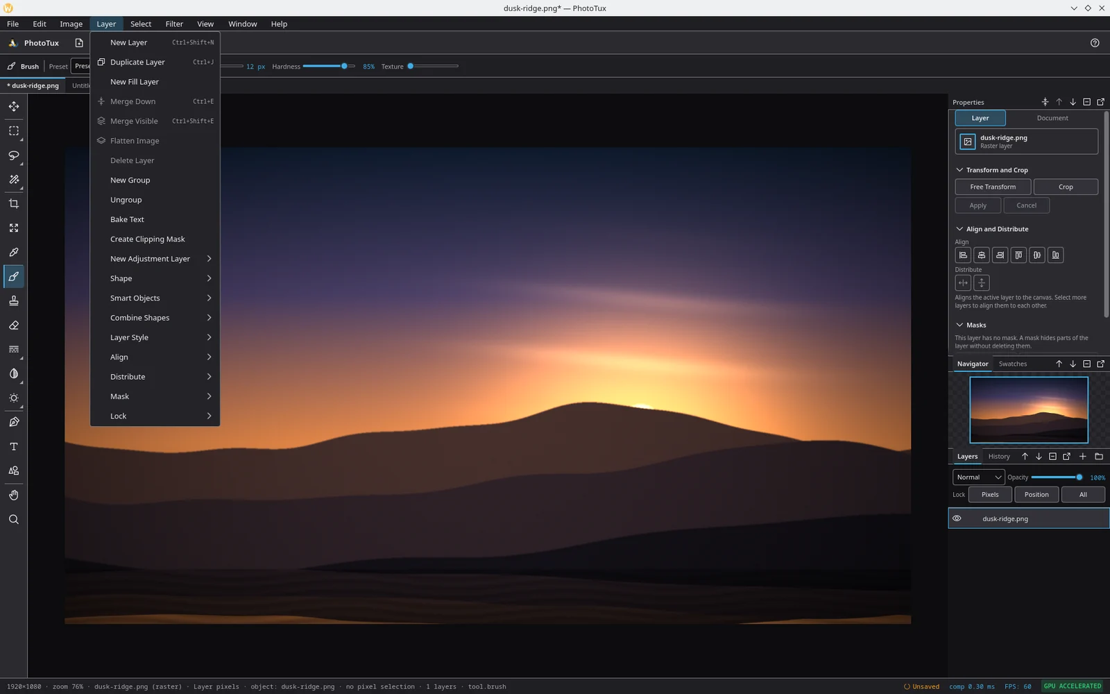 The Layer menu open, showing New Layer, Duplicate Layer, New Fill Layer, the merge family, groups, and submenus for adjustment layers, shapes, smart objects, styles, align and masks.