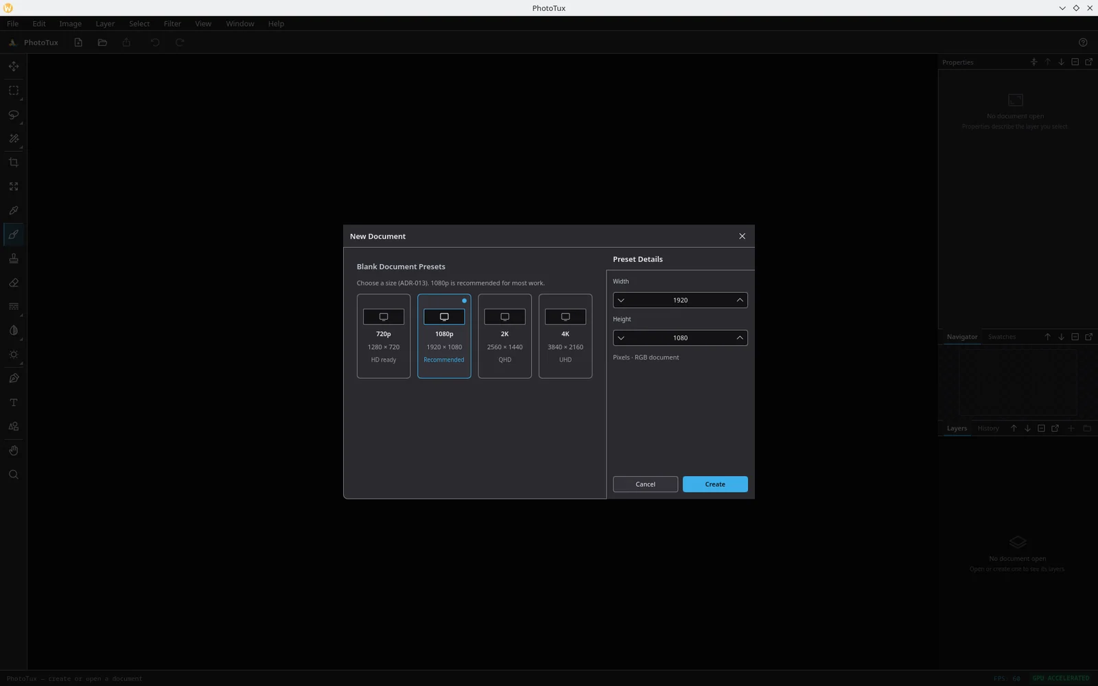 The New Document dialog showing 720p, 1080p, 2K and 4K preset cards with Width and Height fields.