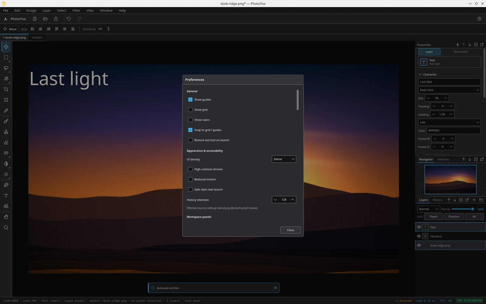 The Preferences dialog with General options for guides, grid, rulers and snapping, and Appearance and accessibility options for UI density, high contrast, reduced motion and history retention.