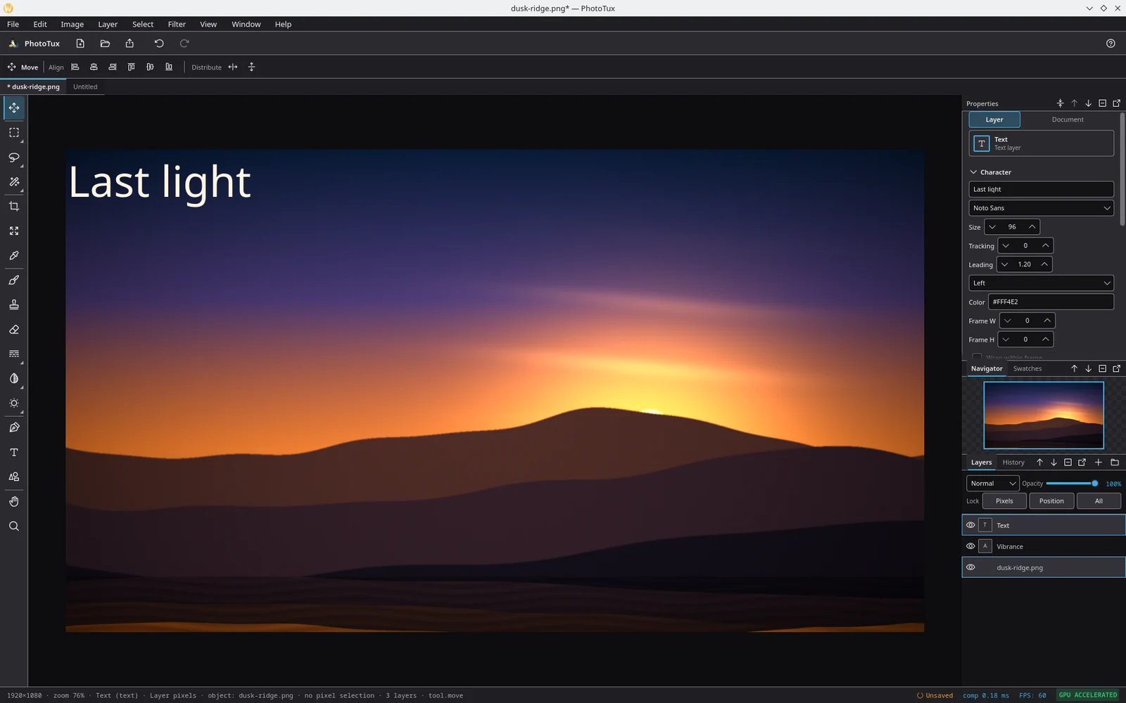 The PhotoTux workspace, labelled: menu bar and toolbar across the top, options bar under it, document tabs, the tool shelf down the left, the canvas in the centre, and the Properties, Navigator and Layers docks on the right.